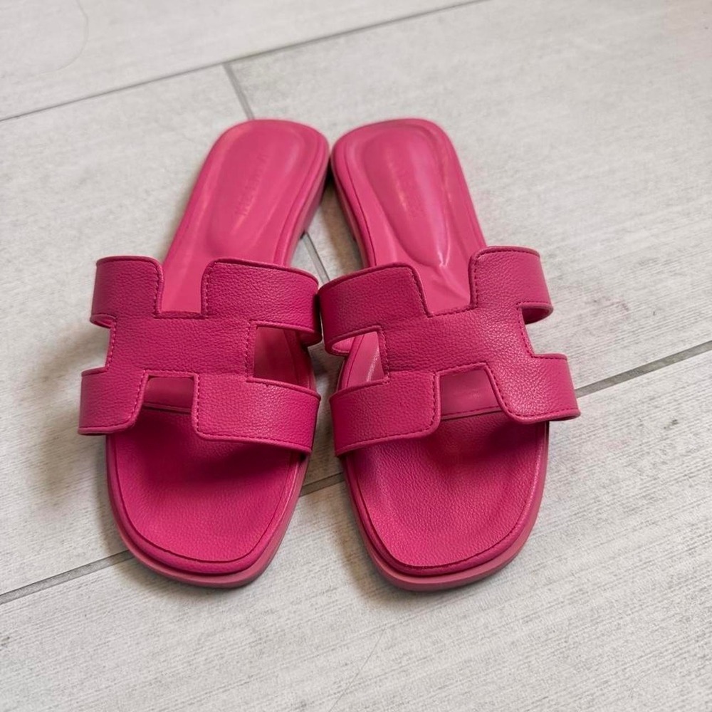 Preppy Pink Leather H-Strap Slides Oran Inspired Fisherman Sandal